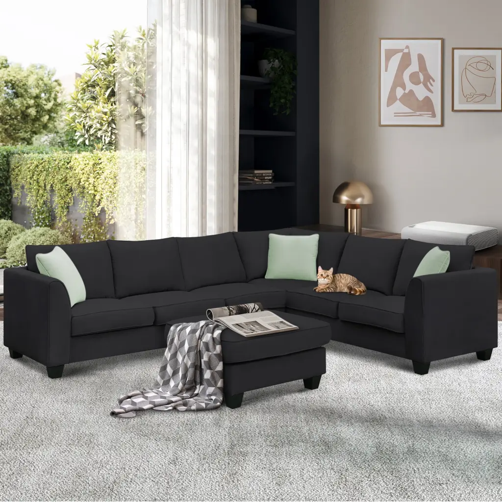 112x87 Black Modular Sectional Sofa Ottoman 7 Seats and 3 Pillows L Shape Fabric Couch Set Living Room Pevor