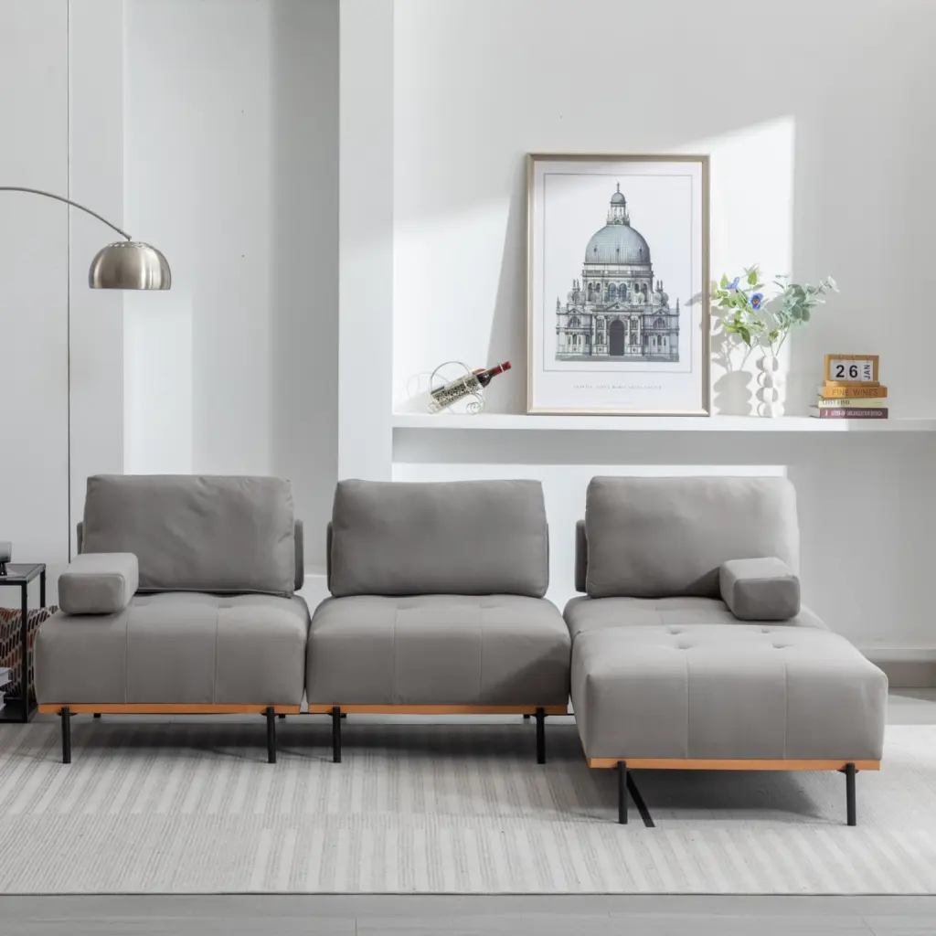 100.7 Inch L-Shape Sectional Sofa Removable Ottoman Modern Space-Saving Fabric Couch Living Room Grey Ponnky