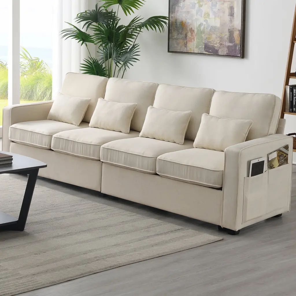 104 4-Seater Modern Beige Linen Sofa Armrest Pockets and 4 Pillows Ponnky