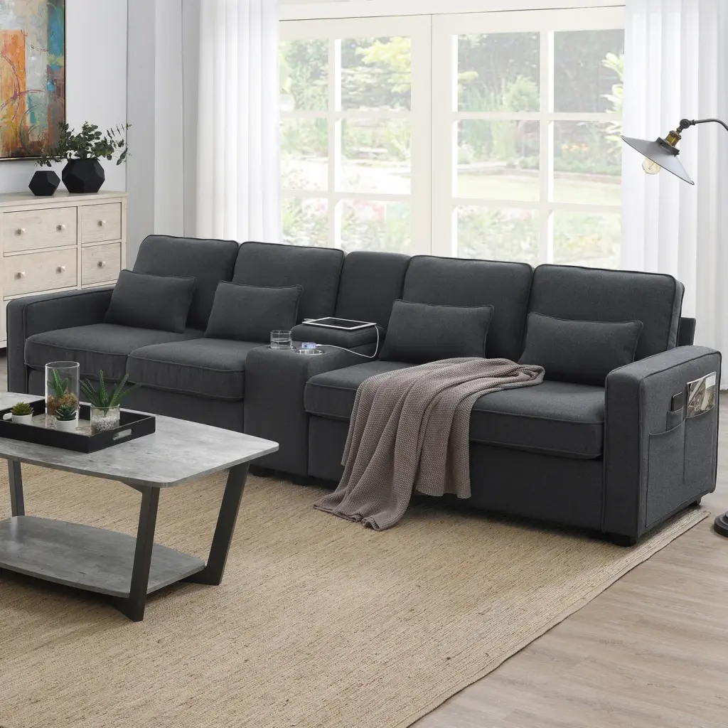 114.2 Dark Grey Upholstered 4-Seat Sofa Console Linen Fabric Ponnky