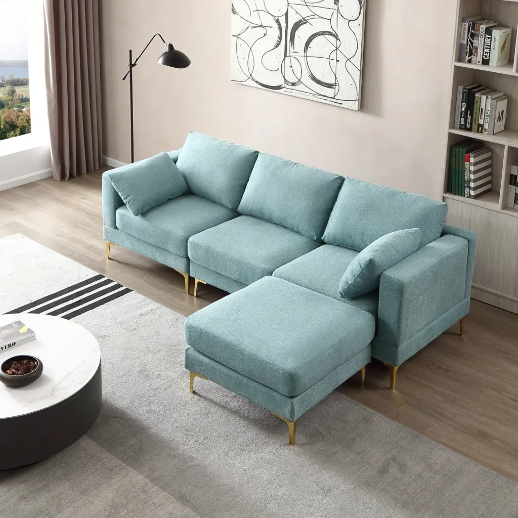 ADF Modern Leisure L Shape Couch Turquoise Fabric Customizable Sectional Sofa Gold Metal Legs Ponnky