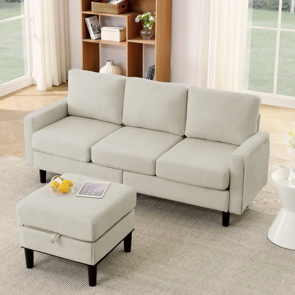 Beige Fabric Upholstered L-Shaped Sectional Sofa Storage Ottoman Bench 3-Seater Comfortable Couch Compact Living Spaces Po...