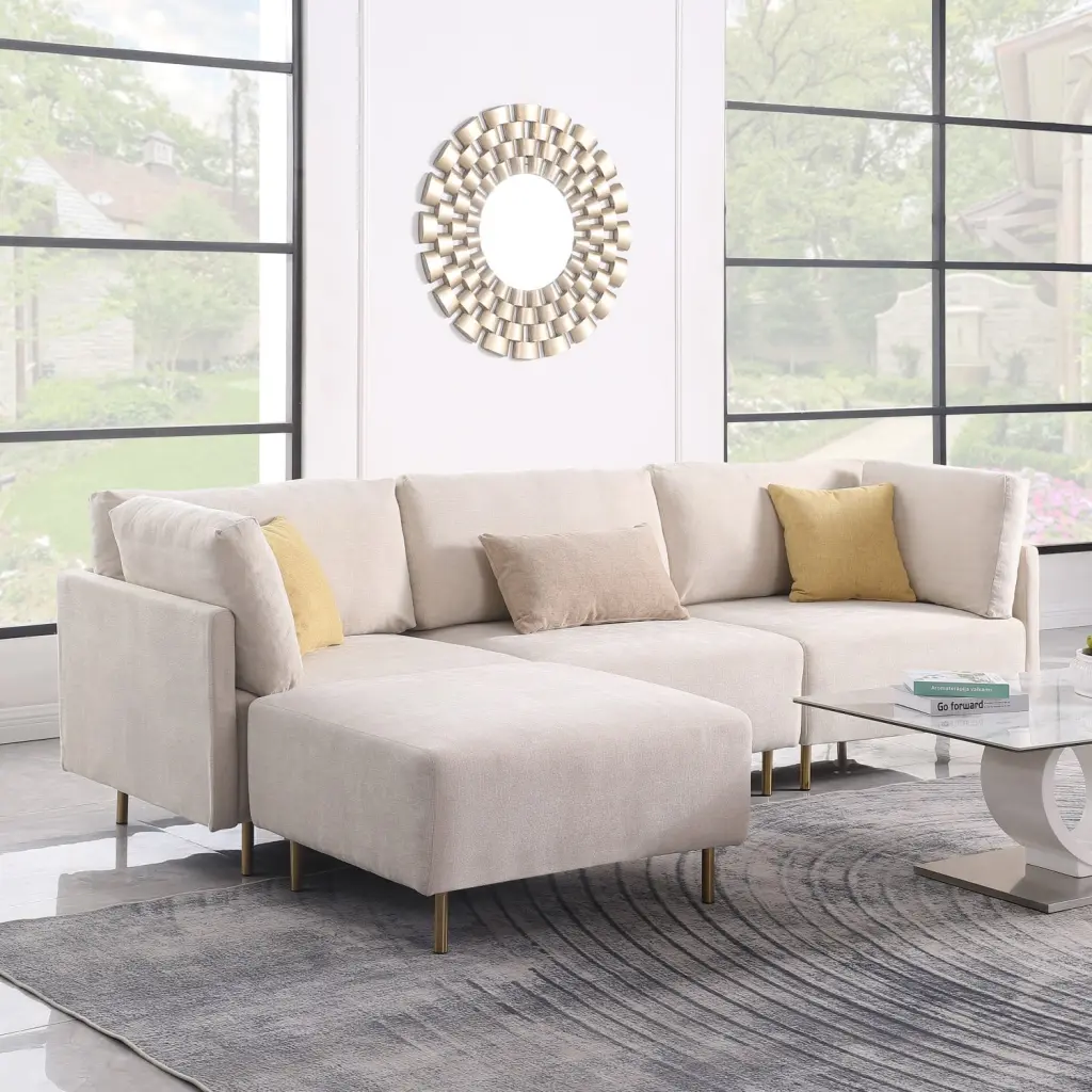 Chenille Fabric L-Shaped 4-Piece Sectional Sofa Set Hardware Feet and Pillows Beige Ponnky