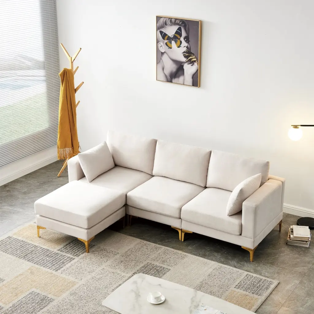 Elegant Beige L Shape Couch ADF Living Room Fabric Sectional Sofa Golden Metal Legs Ponnky