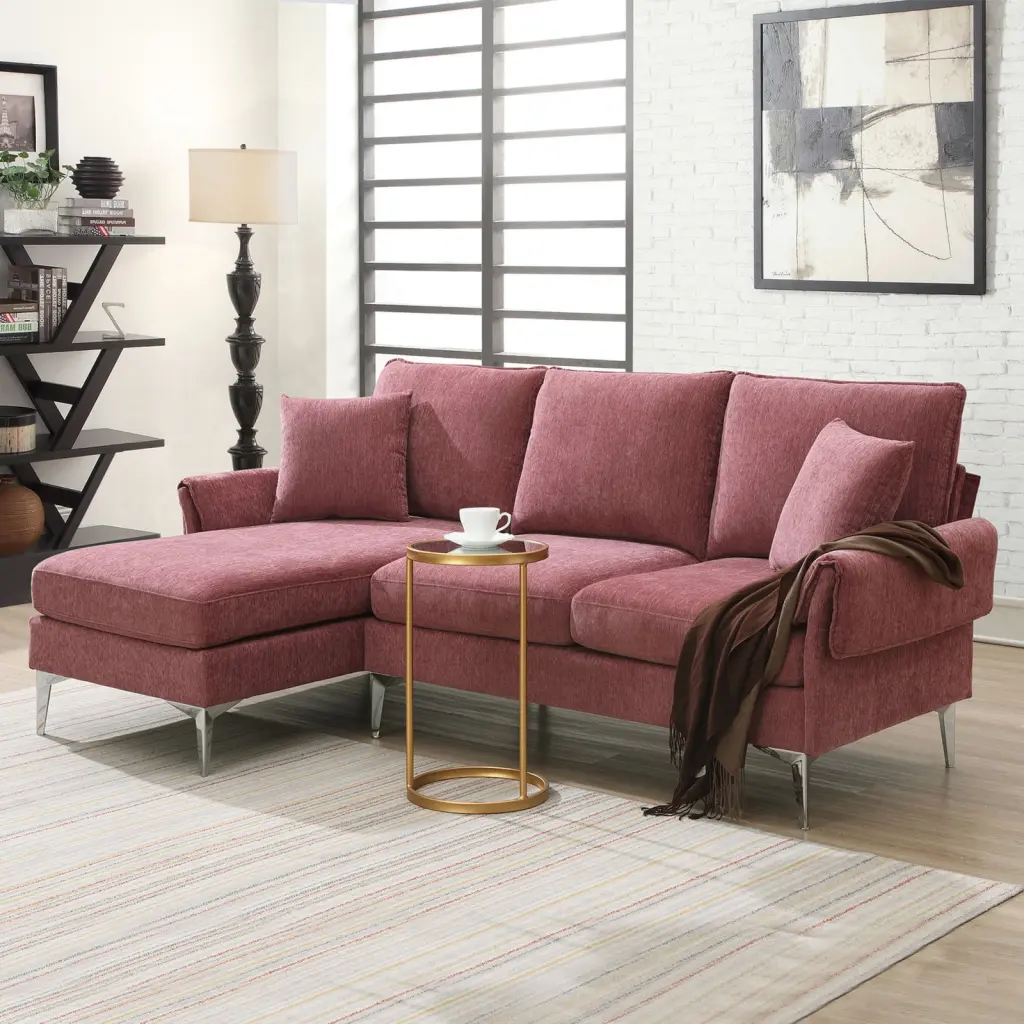 84 Inch Pink Chenille Convertible Sectional Sofa Reversible Chaise and Pillows Ponnky