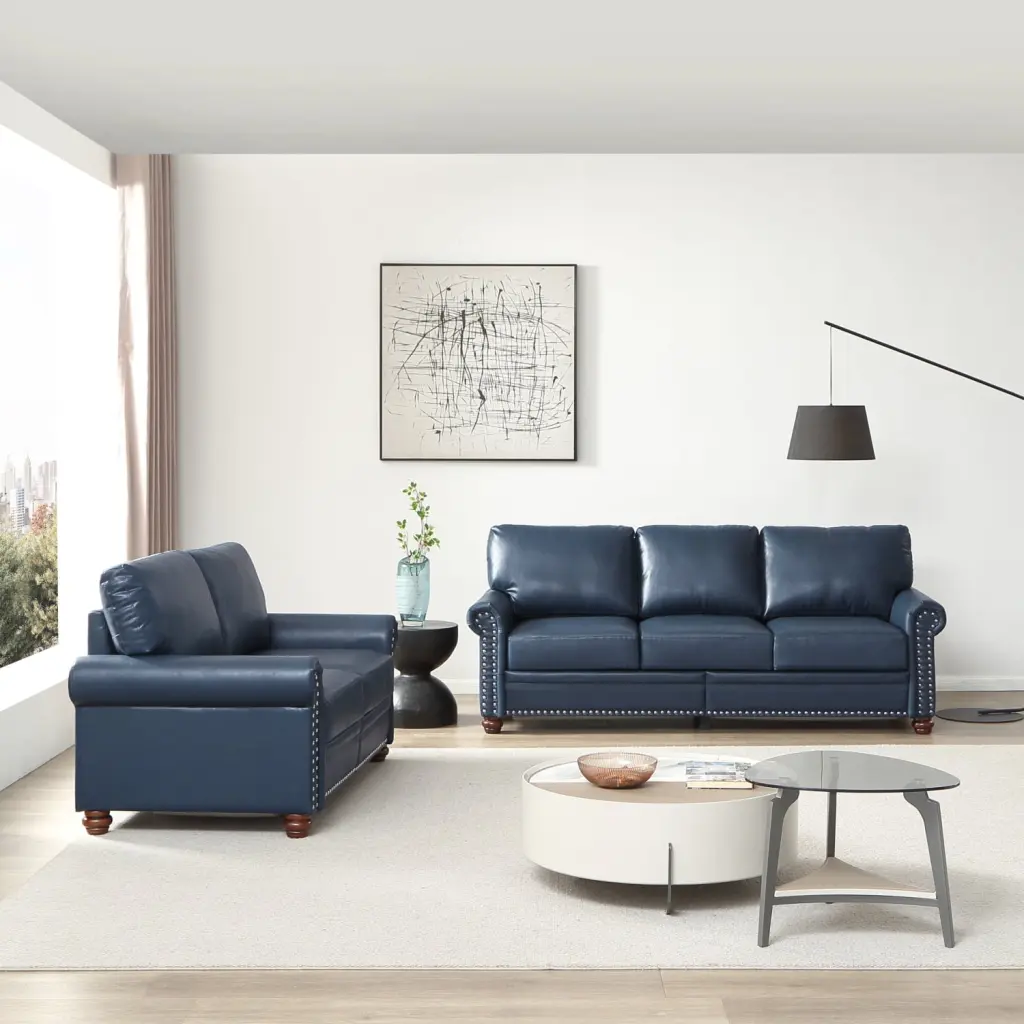 Living Room Sectional Sofa Storage 2+3 Navy Blue Faux Leather Silver Nails Decoration Ponnky