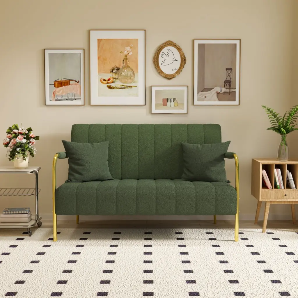 Luxurious 59-Inch Green Teddy Fleece Sofa Ultra-Comfortable 2-Seat Couch Living Room Apartment or Meeting Spaces Ponnky