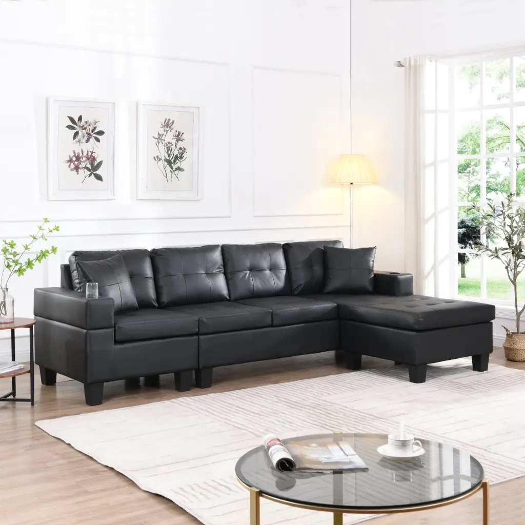Modern Sectional Sofa Set L-Shaped Chaise Lounge Cup Holder 4 Seats Black Living Room Ponnky