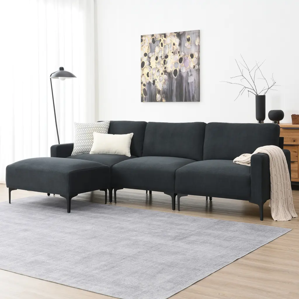 Modern L Shaped Sectional Sofa 4 Seat Velvet Fabric Couch Set Convertible Ottoman Dark Grey Ponnky