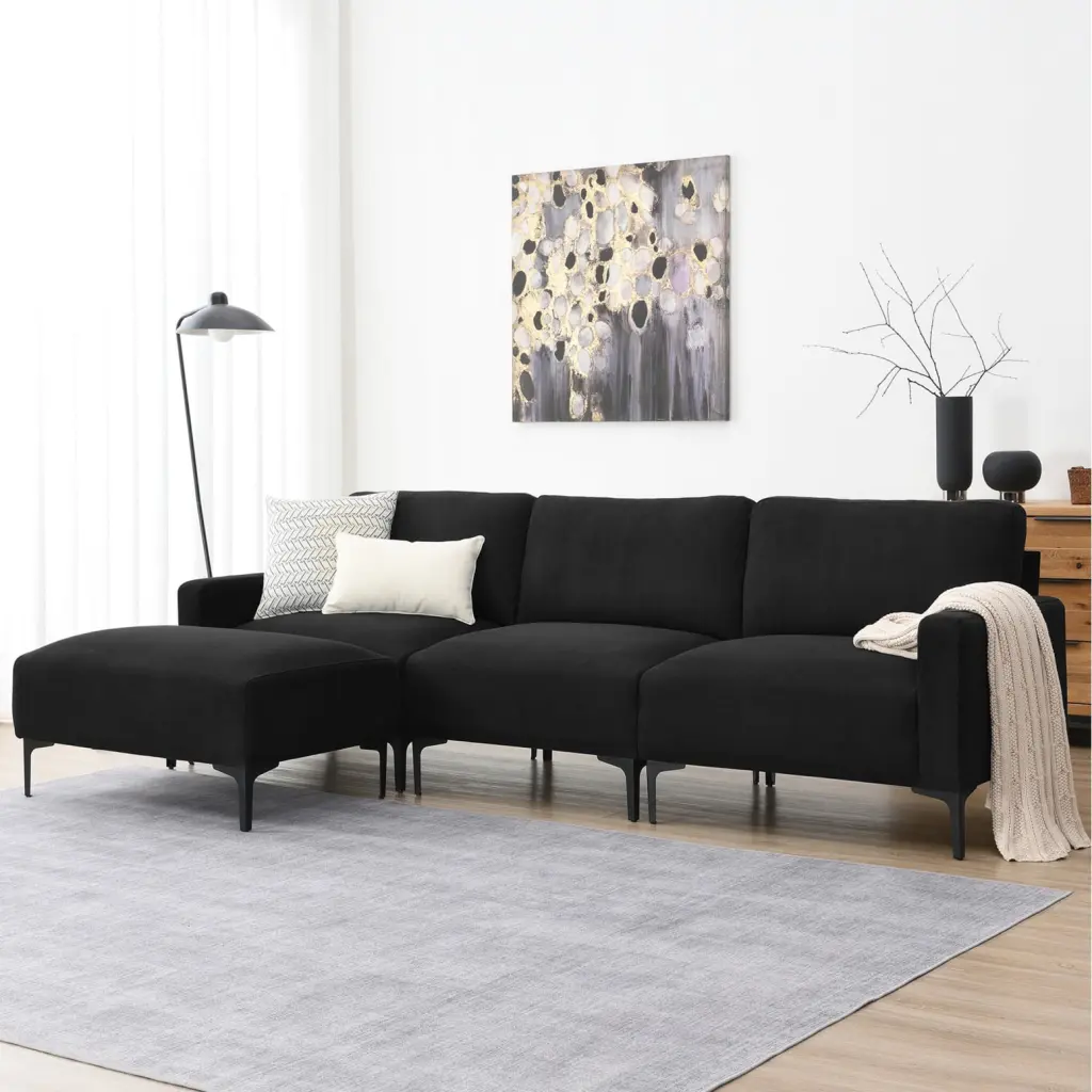 Modern L Shaped Sectional Sofa 4 Seat Velvet Fabric Couch Set Convertible Ottoman Black Ponnky
