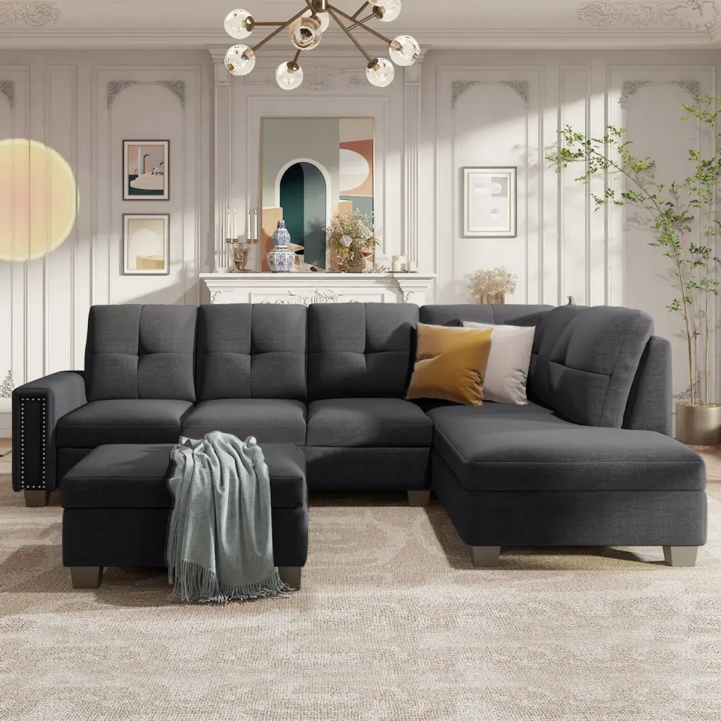 Reversible Sectional Sofa Storage Ottoman Gray Linen Large Spaces and Dorms Ponnky