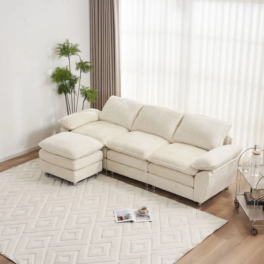 PORKISS 4-Seat L-Shaped Sectional Sofa Couch Ottoman White