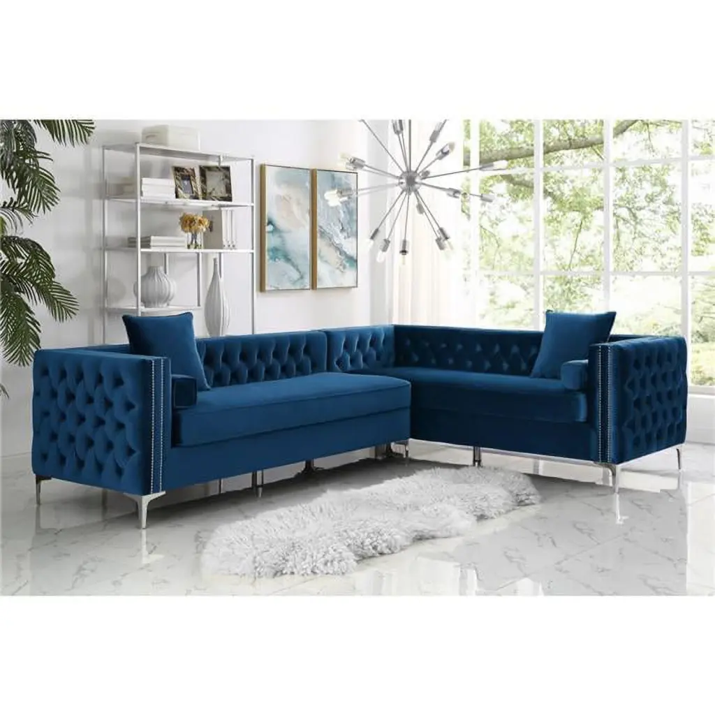 Posh Living Navy Blue Velvet Tufted Sectional Sofa Silver Nailhead Trim and Metal Y-leg PoshLiving