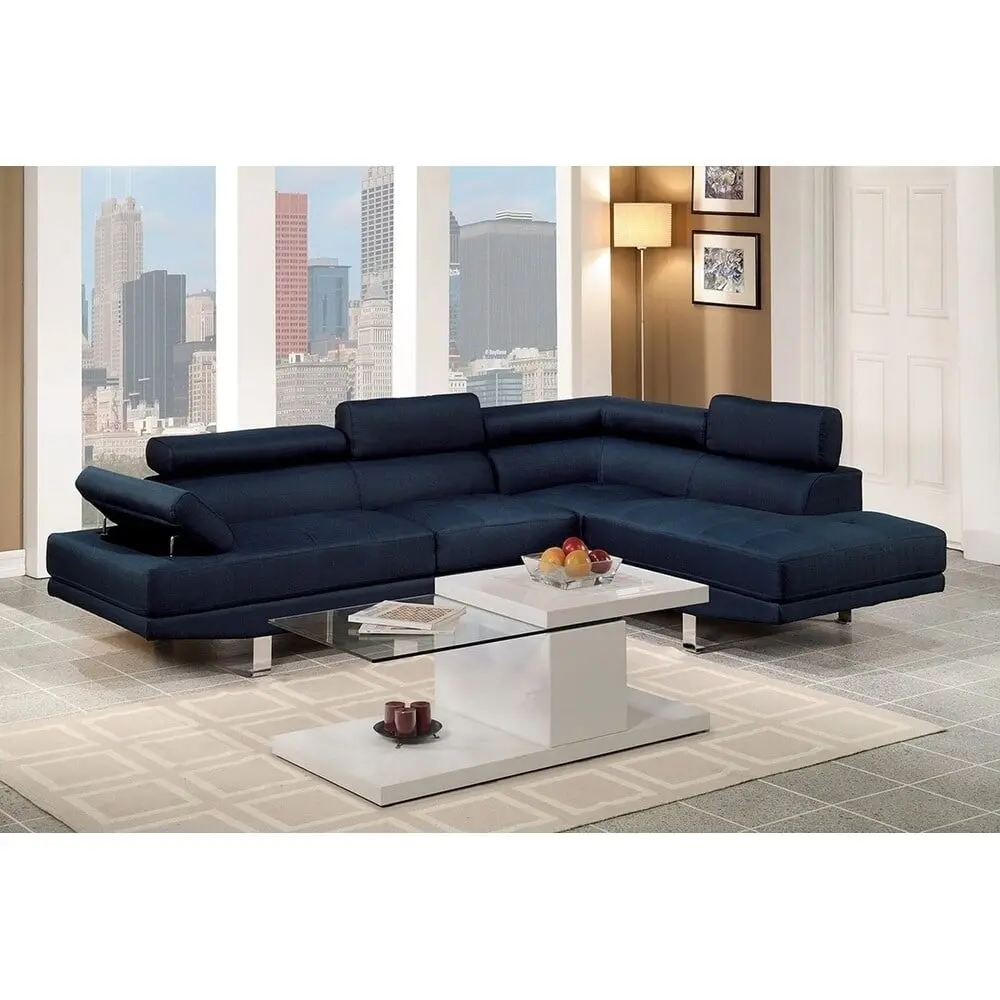 Poundex Furniture 2-Piece Fabric Sectional Sofa Set Dark Blue