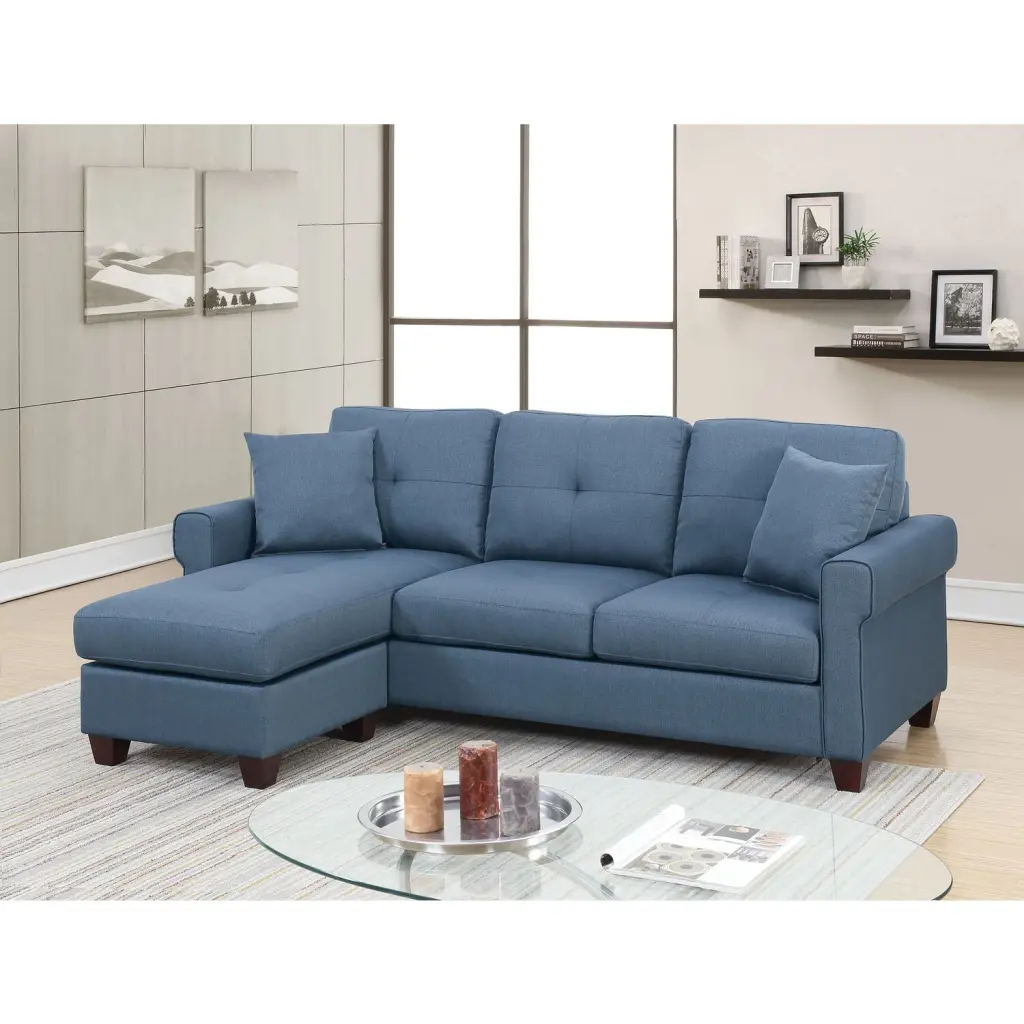 Poundex Furniture 2 Piece Fabric Compact Sectional Sofa Set Blue Color