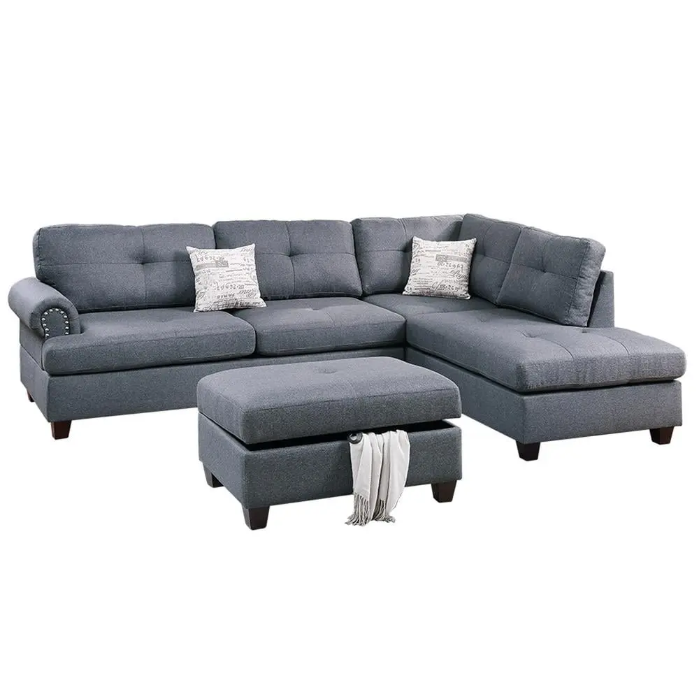 Poundex 3 Piece Fabric Sectional Sofa Set Storage Ottoman Blue Gray