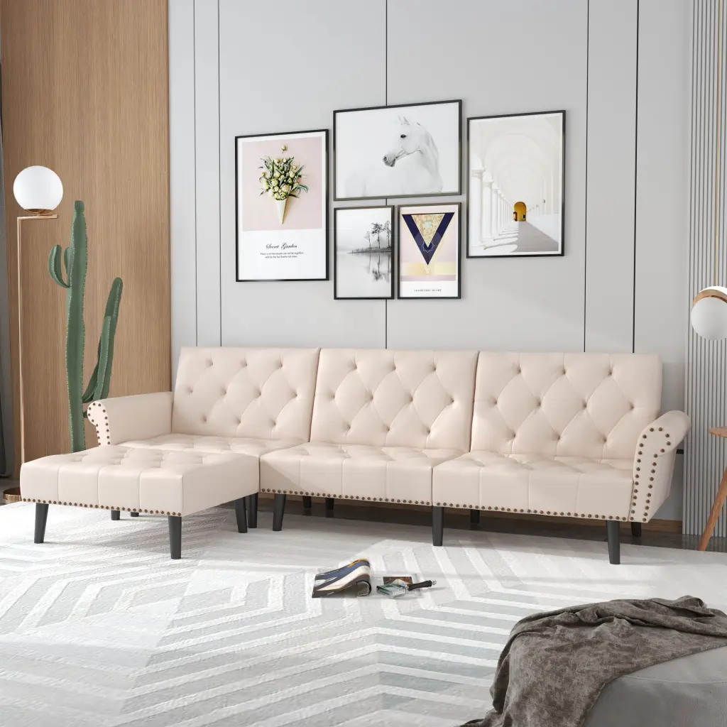Prime Garden 3-Seat Faux Leather Convertible L-Shaped Sectional Sofa Beige