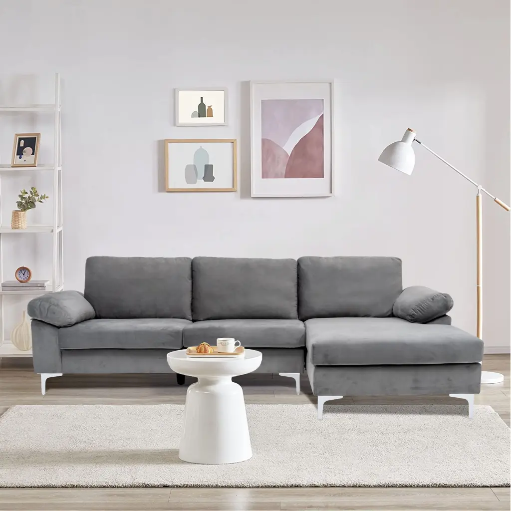 Prime Garden Modern Fabric L Shaped Sectional Sofa 3-Seat Chaise Lounge Gray