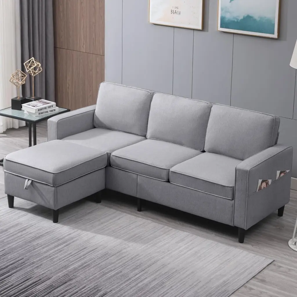 Puremind 89 Convertible L-Shaped Sectional Sofa Reversible Storage Chaise Light Grey Modern Linen 3-Seat Couch Living Room...