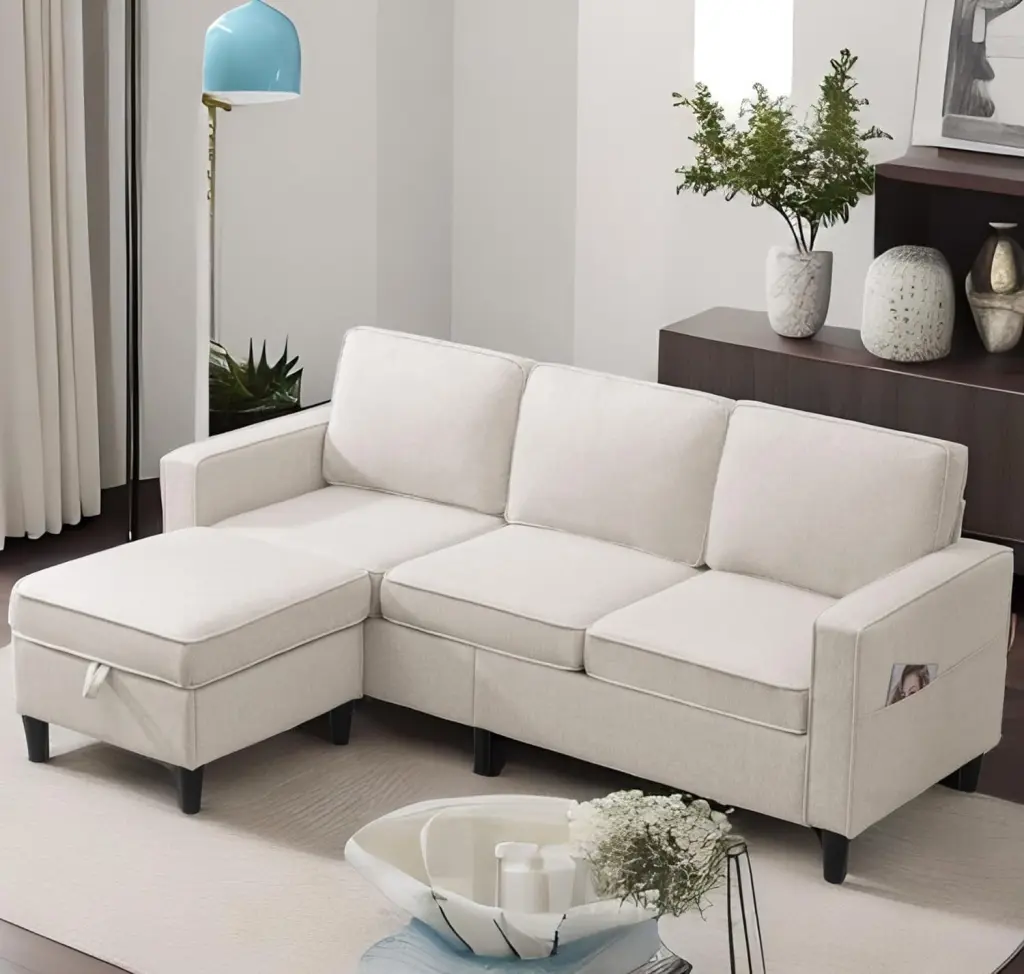 Puremind 89 Convertible L-Shaped Sectional Sofa Reversible Storage Chaise Beige Modern Linen 3-Seat Couch Living Room Pure...