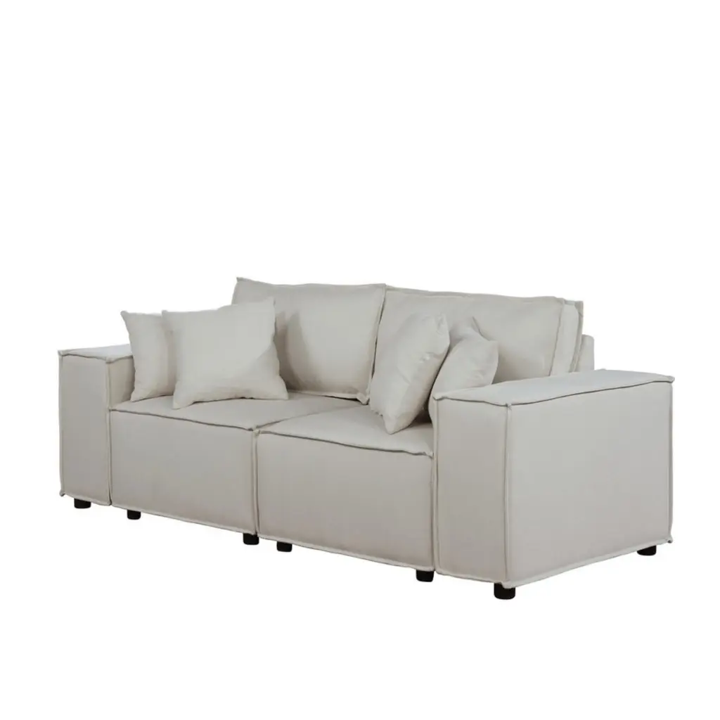 Kenzo 76 Inch Modular Loveseat Pillows Beige Fabric Sherpa Saltoro Sherpi