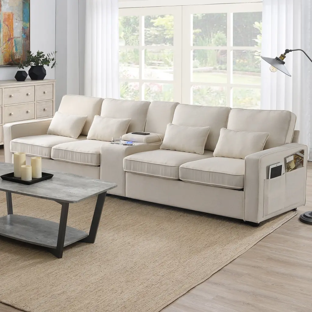 114.2 Upholstered Sofa Console - Modern Linen Fabric 4-Seat Couch USB Ports and Cupholders Sofas