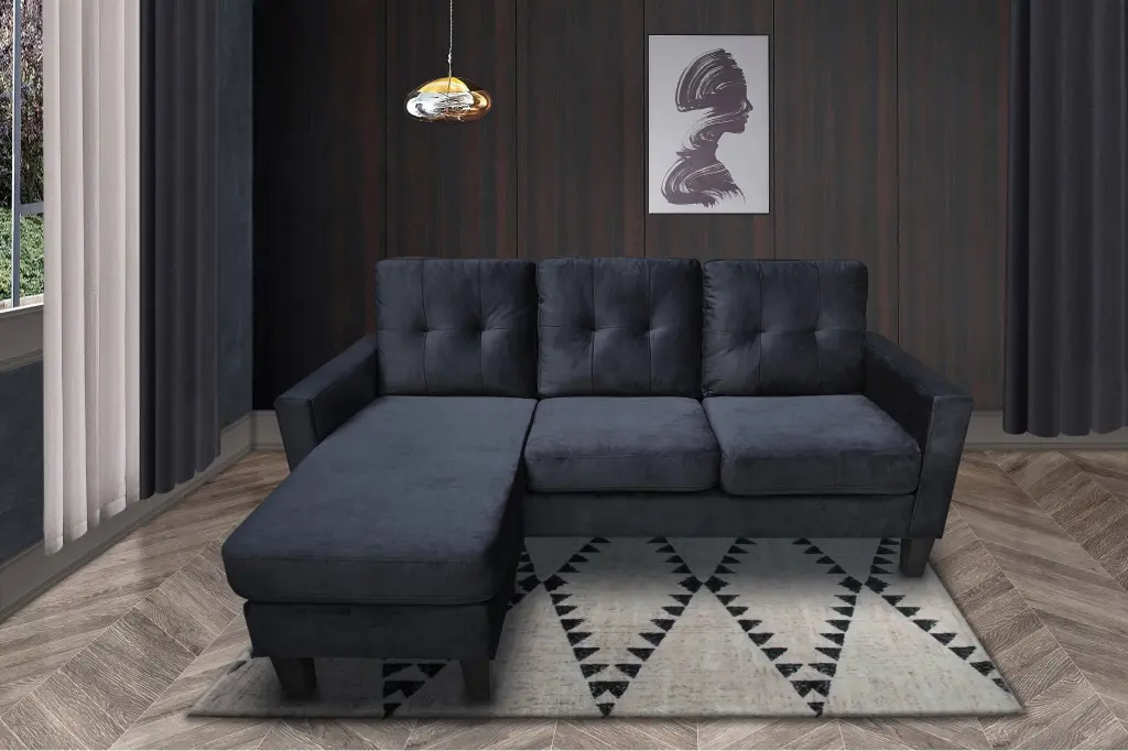 Everett Black Velvet Reversible Sectional Sofa Chaise SSJL
