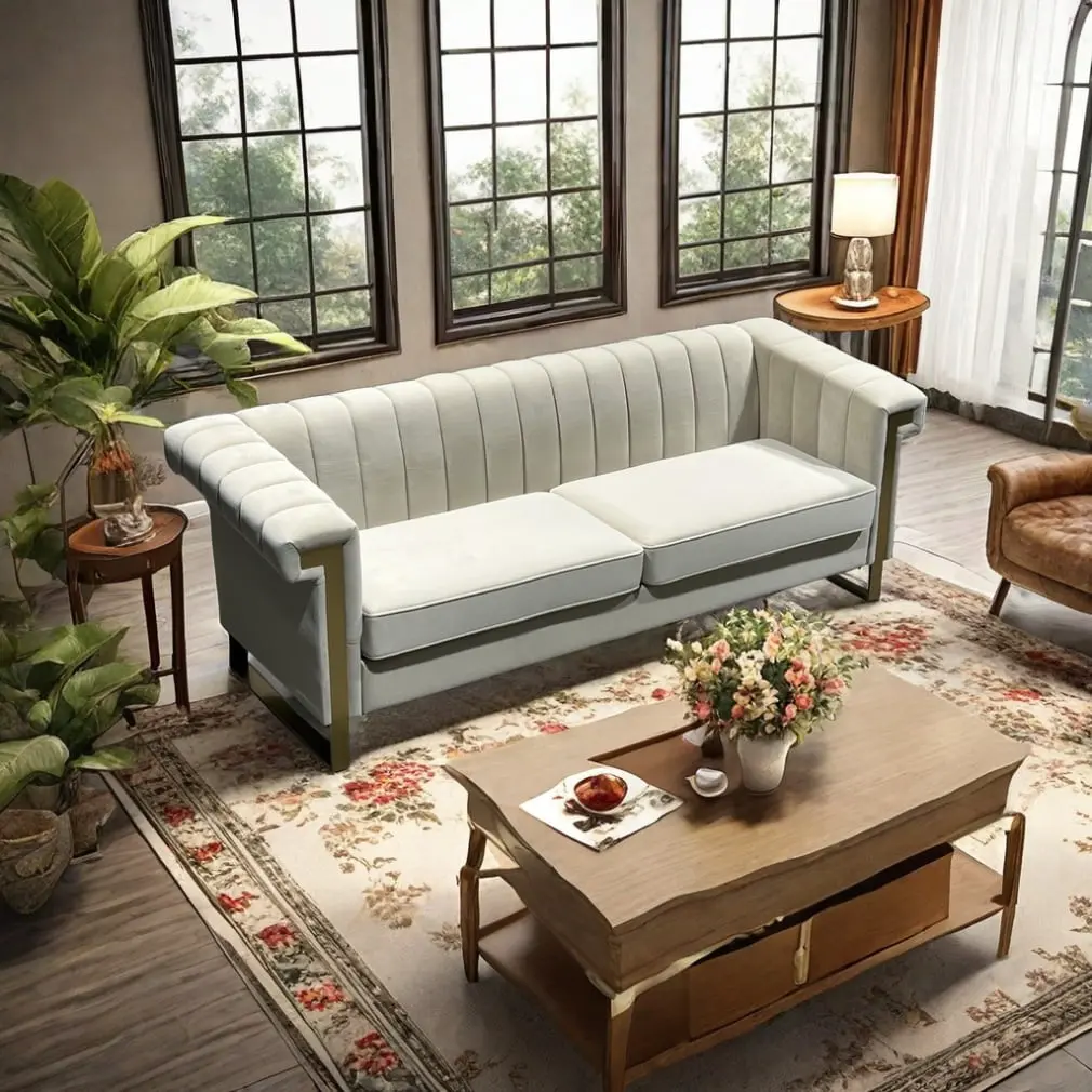 3-Seat Velvet Sofa Golden Legs and Stripe Design Living Room THOWDEE