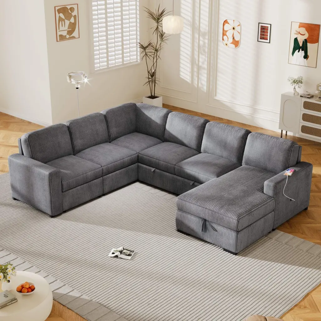 U_Style U-shaped Corduroy Combination Corner Sofa Storage Lounge Chair 6-seater Oversized Sofa USB Interfaces Living Room ...