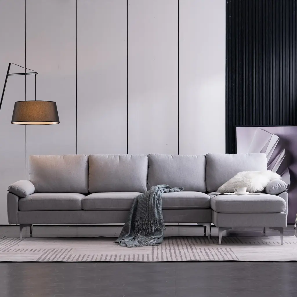 UBesGoo Modern L-Shaped Sectional Sofa Chaise Lounge and Metal Feet Apartment Living Room Light Gray