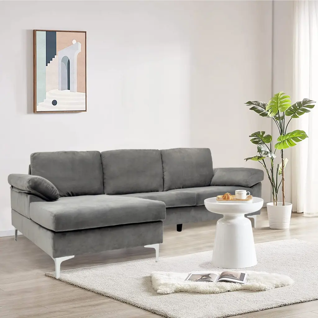 Modern Sectional Sofa L-Shaped Velvet Large Couch Extra Wide Chaise Lounge Grey Waytrim