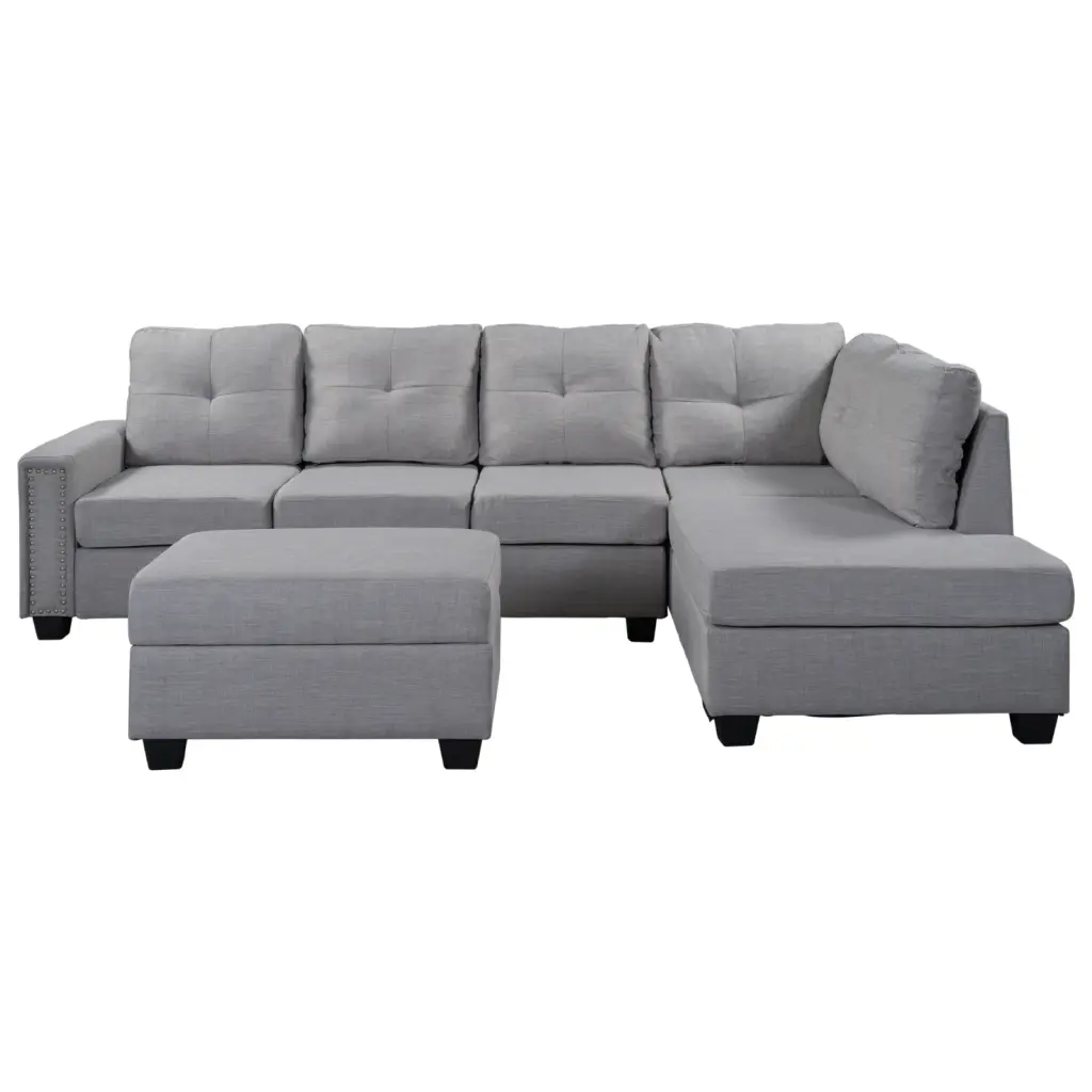 L-Shaped Sectional Sofa Ottoman Modern Light Grey Linen Upholstery Riveted Accents Couch Wodine