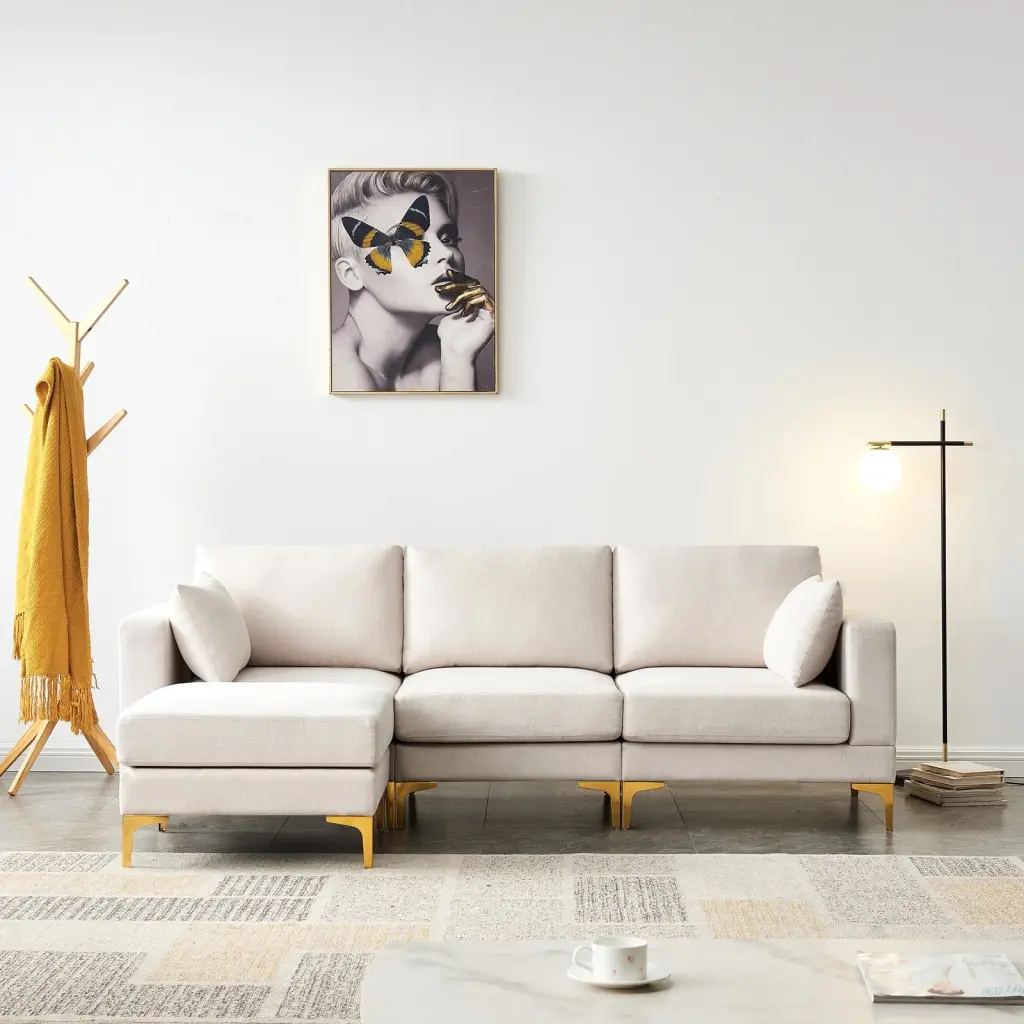 Yaksha Modern Leisure L Shape Couch Beige Fabric Living Room