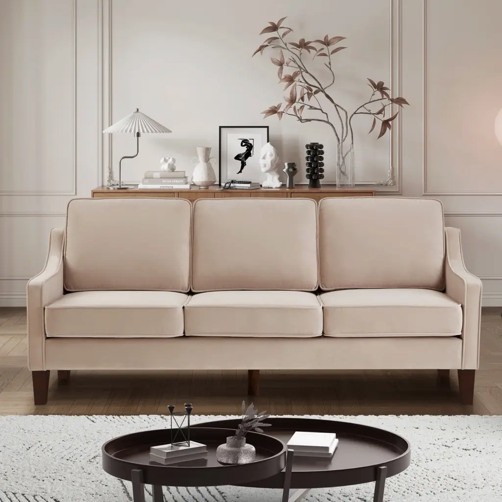 Yaksha Modern 3 Piece Seat Sofa Couch Scooped Armrest Wood Legs Upholstered Velvet Removable Cushions Taupe