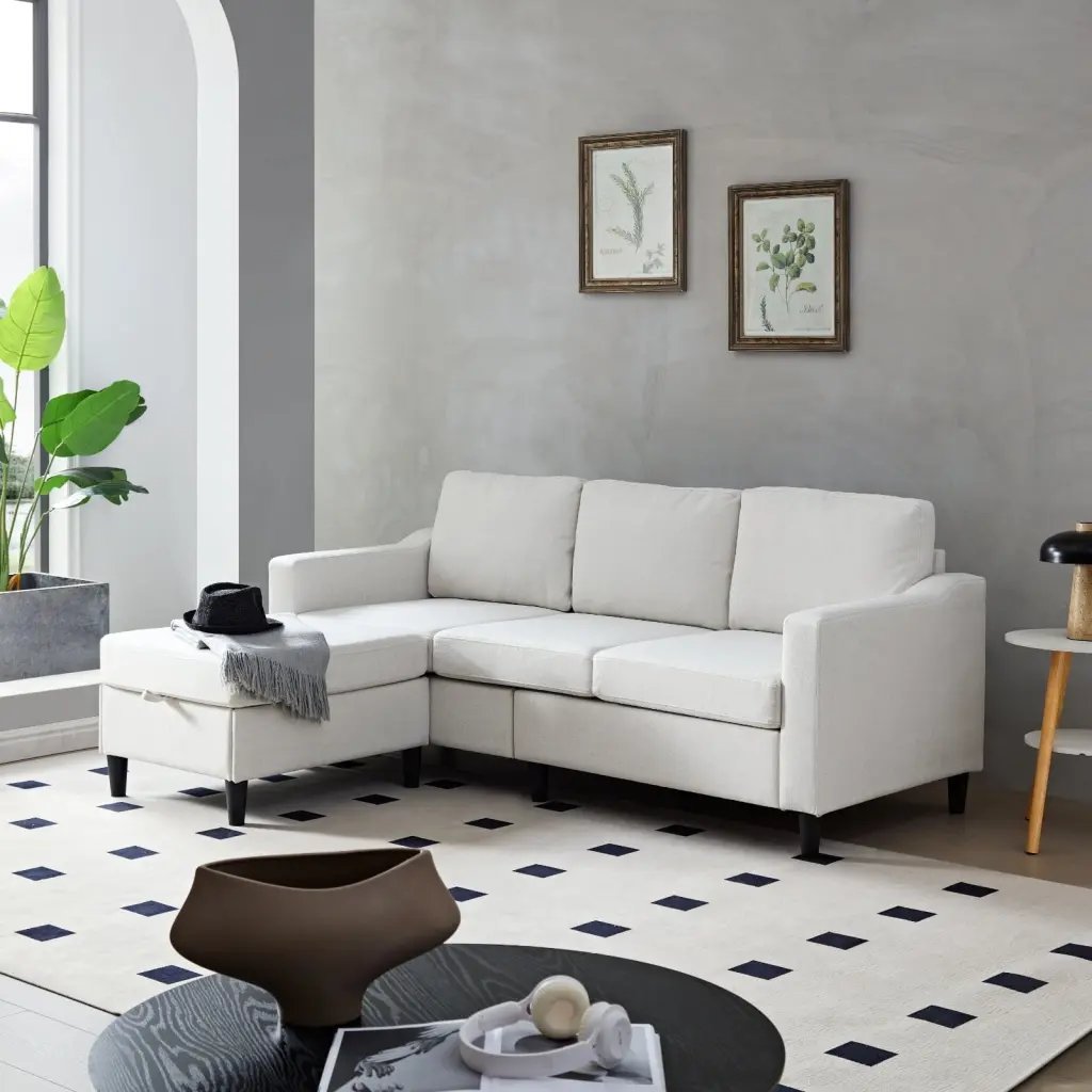 Yaksha USB Charging L-Shaped Sectional Sofa Storage White 3-Seat Convertible Couch Living Room or Small Spaces