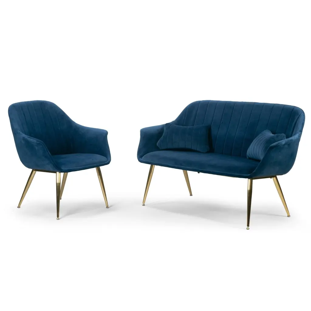 Angela Blue Velvet Loveseat and Accent Chair Set Elegant Living Room Glamour Home