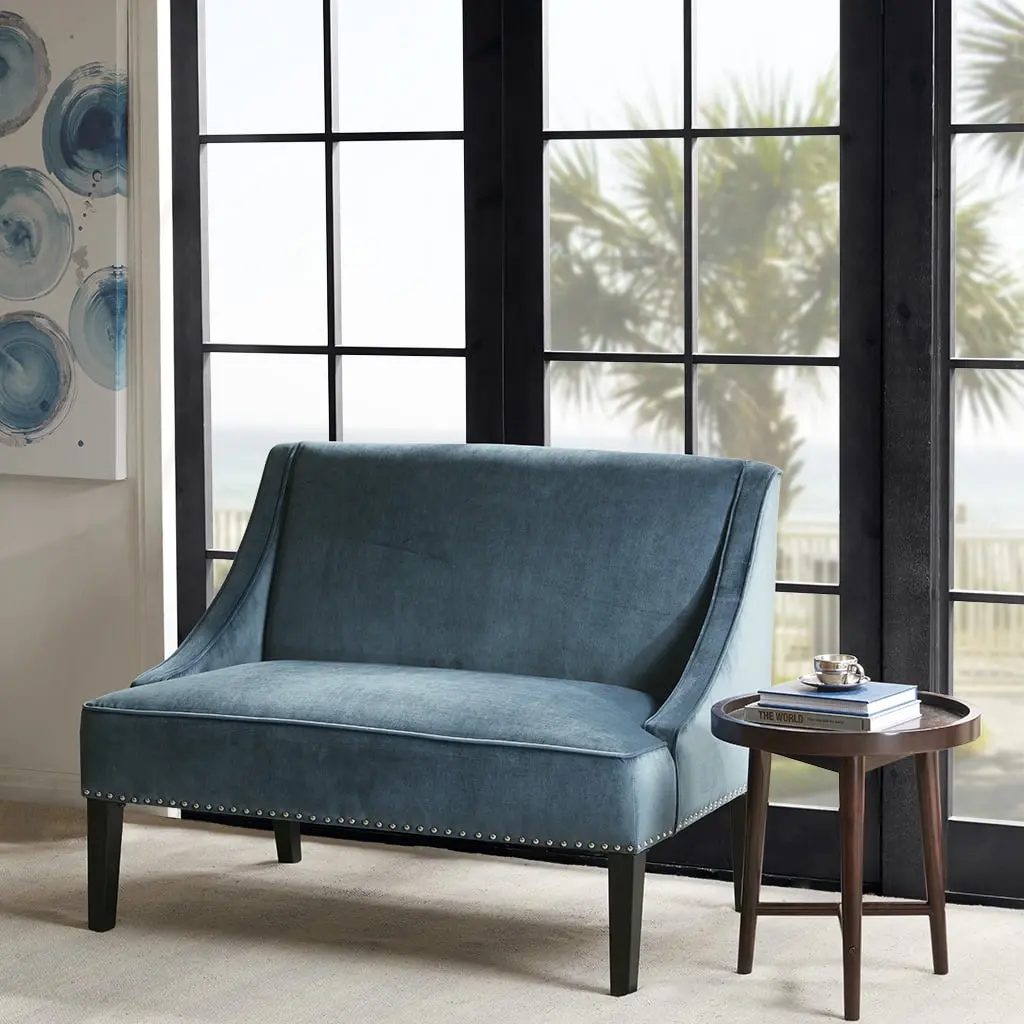 DeeHome 44 Settee Polyester Fabric Rich Upholstery Modern Style Living Room Blue