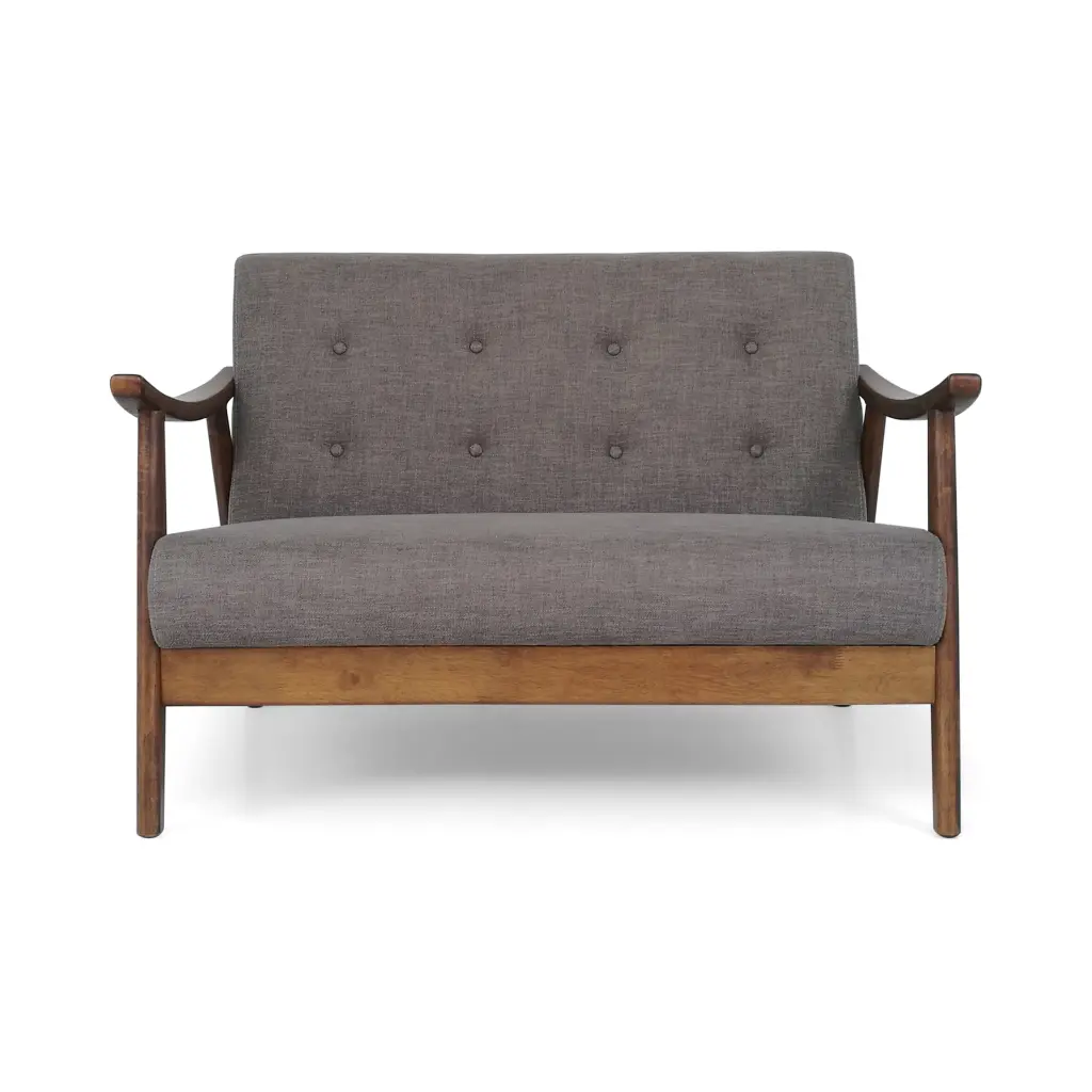 GDF Studio Merion Mid Century Modern Fabric Tufted Settee Dark Gray and Medium Brown GDFSTUDIO
