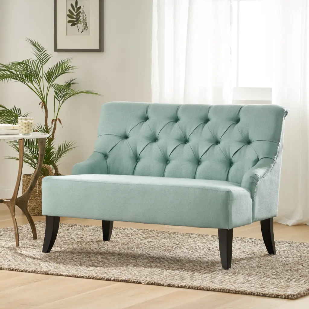 Noble House Nicholas 30.50 inch Contemporary Tufted Fabric Settee Light Mint Blue