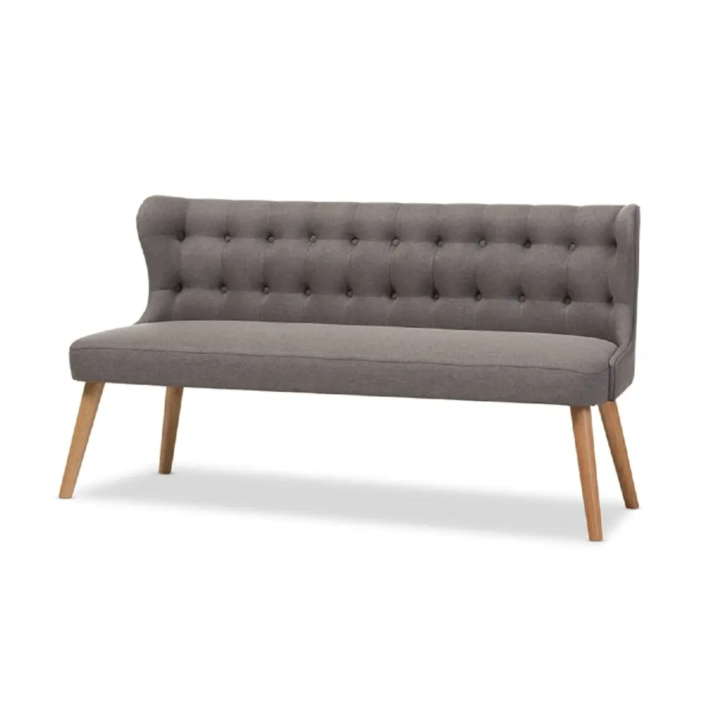 Baxton Studio Melody Mid-Century Modern Grey Fabric 3-Seater Settee Bench Natural Wood Finishing Wholesale Interiors