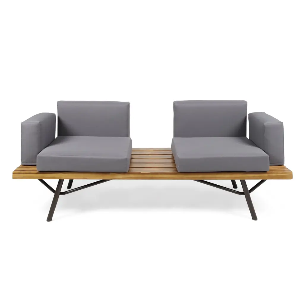 Modern Futon Sofa Acacia Wood Upholstered Sleeper Futon Couch Iron Legs Waterproof Fabric Ashion