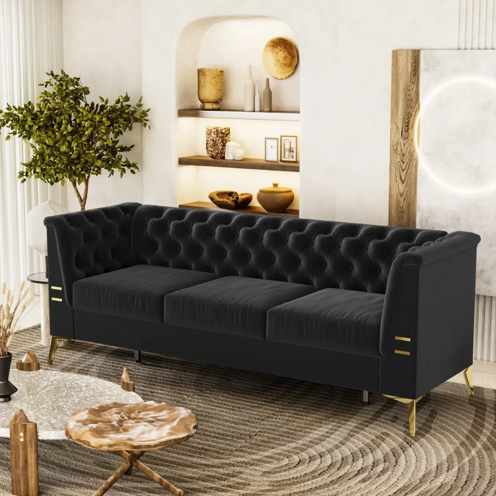 3-Seat Velvet Chaise Lounges Black Tufted Back Settee Sleeper Loveseat Living Room Bed Bath & Beyond