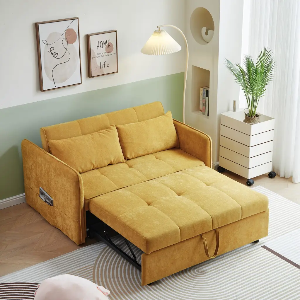 CoSoTower Yellow Fabric Pull-Out Sleeper Loveseat Adjustable Armrests