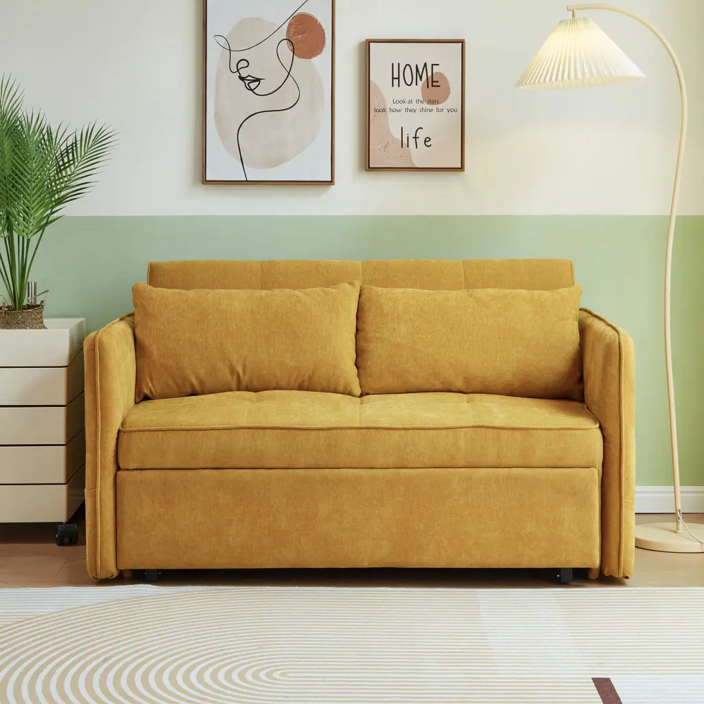 Chenille Fabric Pull-Out Sofa Bed Sleeper Loveseat Couch Adjustable Armrests Yellow COSYMART