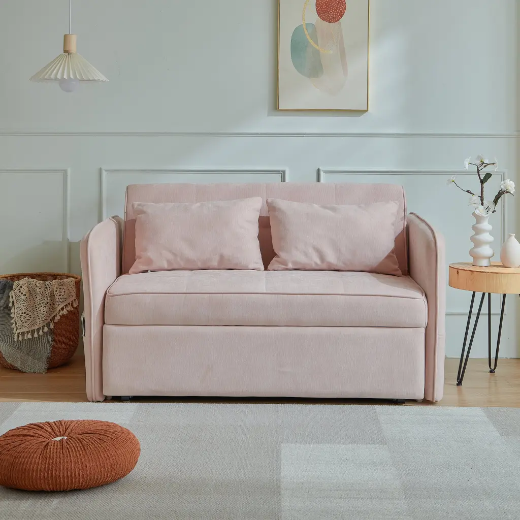 Chenille Fabric Pull-Out Sofa Bed Sleeper Loveseat Couch Adjustable Armrests Pink COSYMART