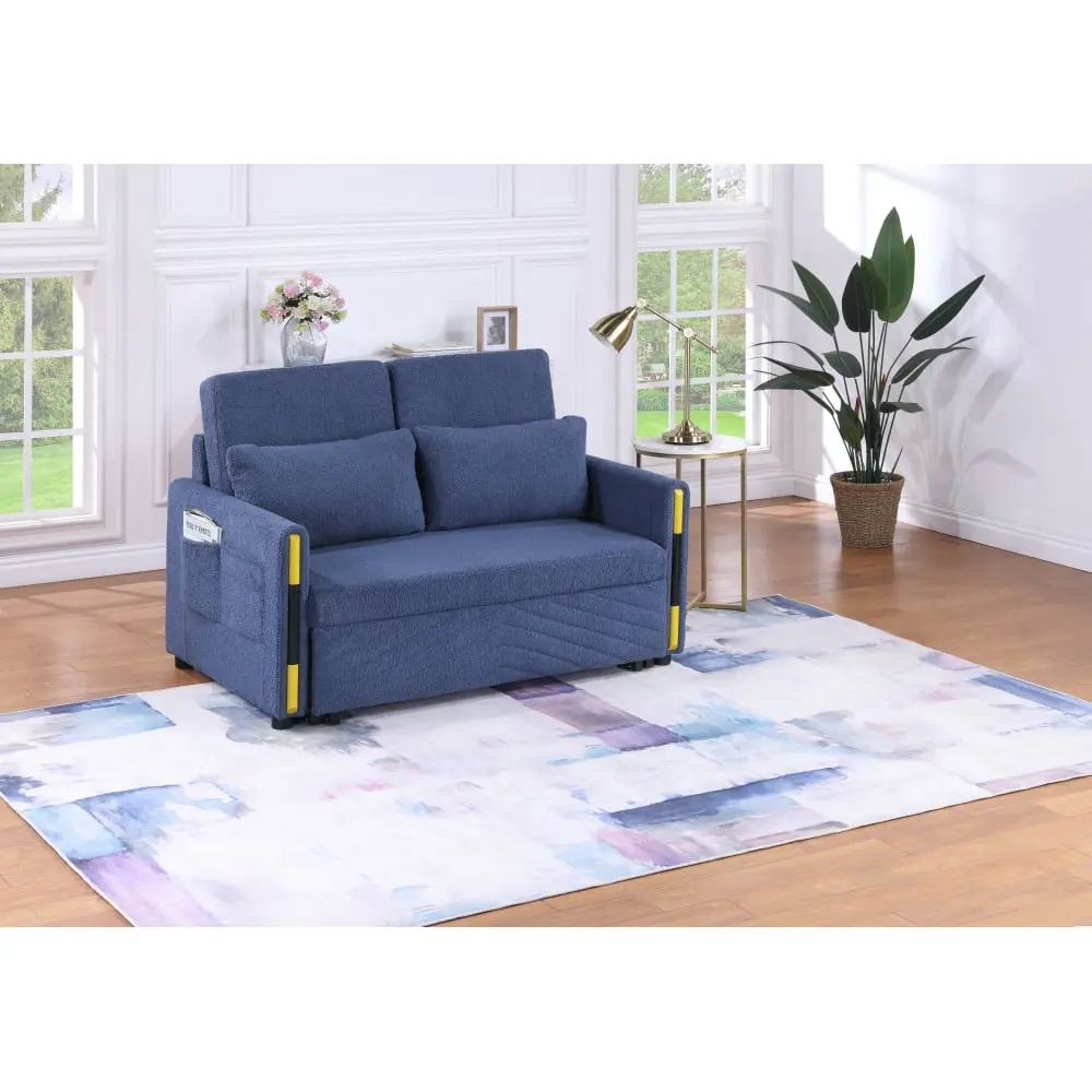 DeeHome Percy 55.5 Navy Teddy Velvet Sleeper Loveseat Side Pockets - Functional Sofa Bed