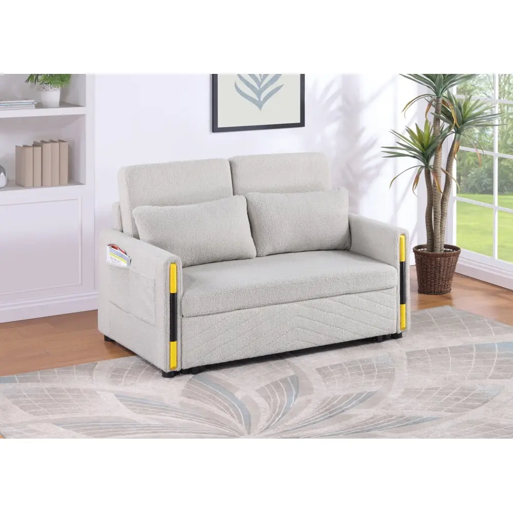 DeeHome Percy 55.5W Beige Teddy Velvet Sleeper Loveseat - Dual-Pull Sofa Bed