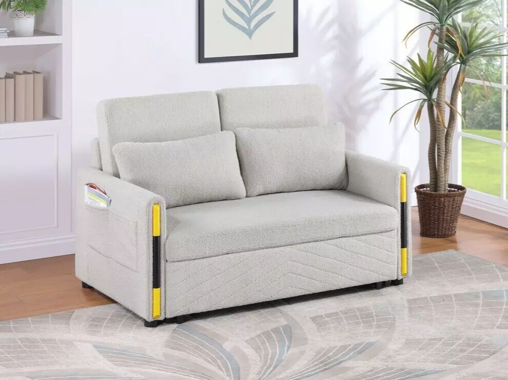 1pc Sleeper Loveseat Side Pockets Beige Velvet Upholstery Double Back Cushions Esofastore