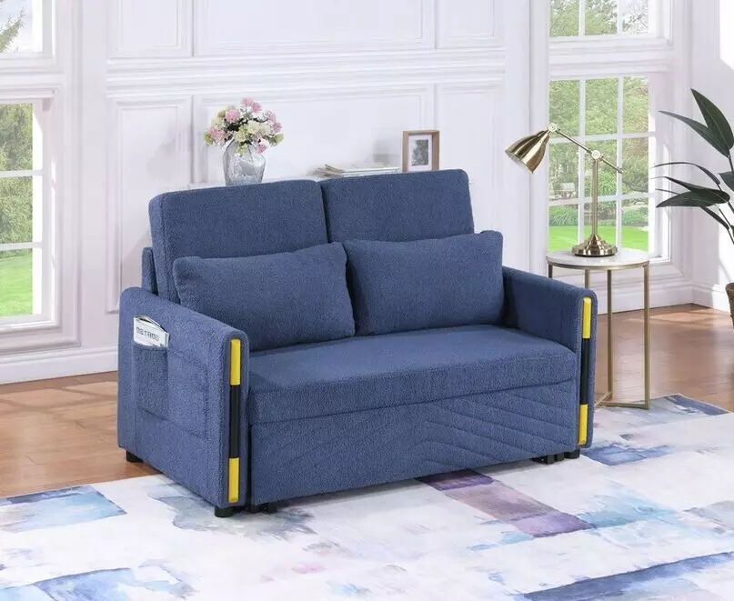 1pc Sleeper Loveseat Side Pockets Blue Velvet Upholstery Double Back Cushions Esofastore