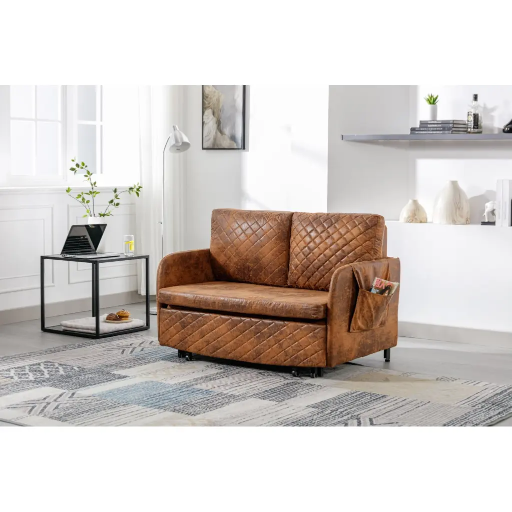 Elegant Coffee Microfiber Sofa Bed Pull-Out Feature Velvet Loveseat Compact Multi-functional Includes Headboard 2 Support ...